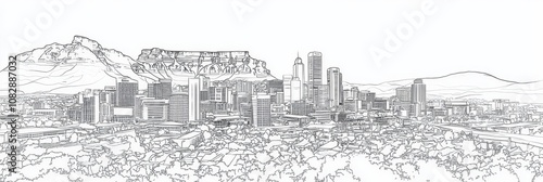 Single-line art depicting Johannesburg cityscape, Table Mountain, urban landscape, architecture, South Africa.