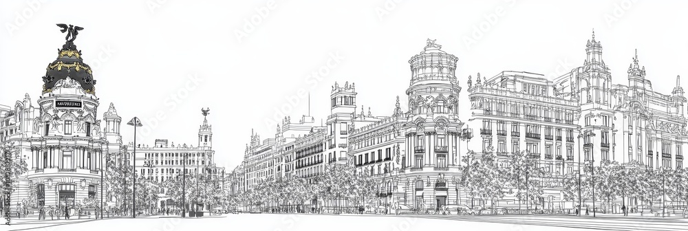 Elegant single-line drawing of Madrid's Gran Vía, showcasing architectural details, city vibrancy, and Spanish heritage. A perfect blend of art and urban landscape. Elegant single-line drawing of Madrid's Gran Vía, showcasing architectural details, city vibrancy, and Spanish heritage. A perfect blend of art and urban landscape.