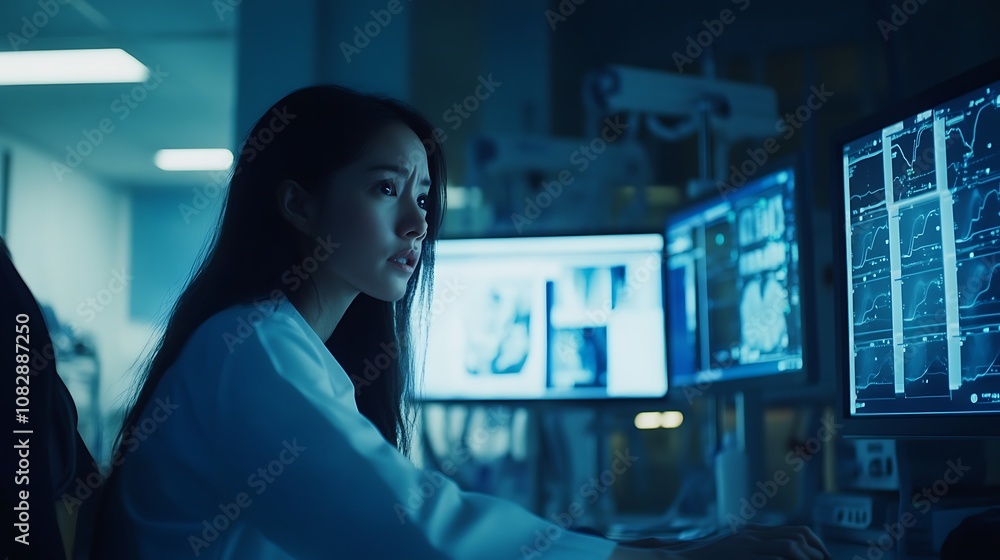 A female doctor discussing with patients, with hospital rooms faintly visible A female doctor discussing with patients, with hospital rooms faintly visible