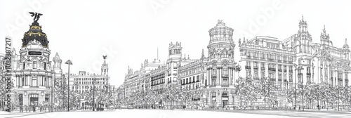 Elegant single-line drawing of Madrid's Gran Vía, showcasing architectural details, city vibrancy, and Spanish heritage.  A perfect blend of art and urban landscape.