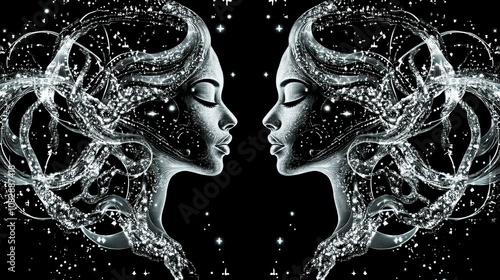 Gemini Twins Manifesting from Cosmic Serpents: Ethereal Digital Background with Binary Stars, Sacred Geometry, and Silver Accents for Twin Flame Spirituality. High-Resolution Design.