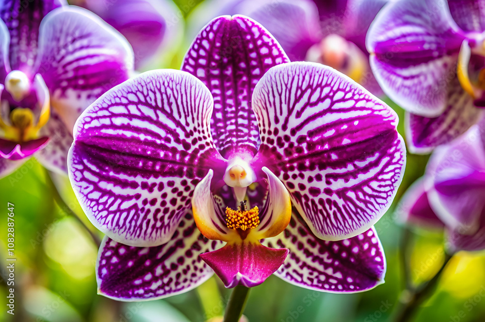 A vibrant purple orchid with intricate patterns and a captivating shape, showcasing its natural beauty in a lush green background.