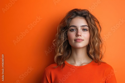 Young woman with curly hair poses against a bright orange background in a casual setting