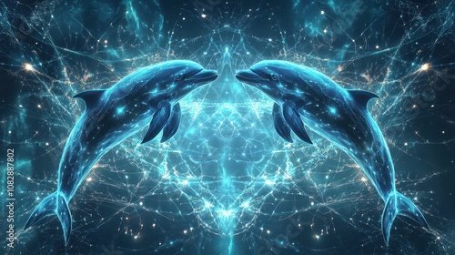 Dancing Cosmic Dolphins in Merkaba Star Fields: Liquid Light Effects with Aquamarine and Platinum Accents. Ideal for Sound Healing and Frequency Therapy Brands. High-Resolution Design.