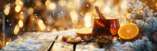 Glühwein mit Zimt und Orange oder Punsch mit Weihnachtskeksen und Textfreiraum