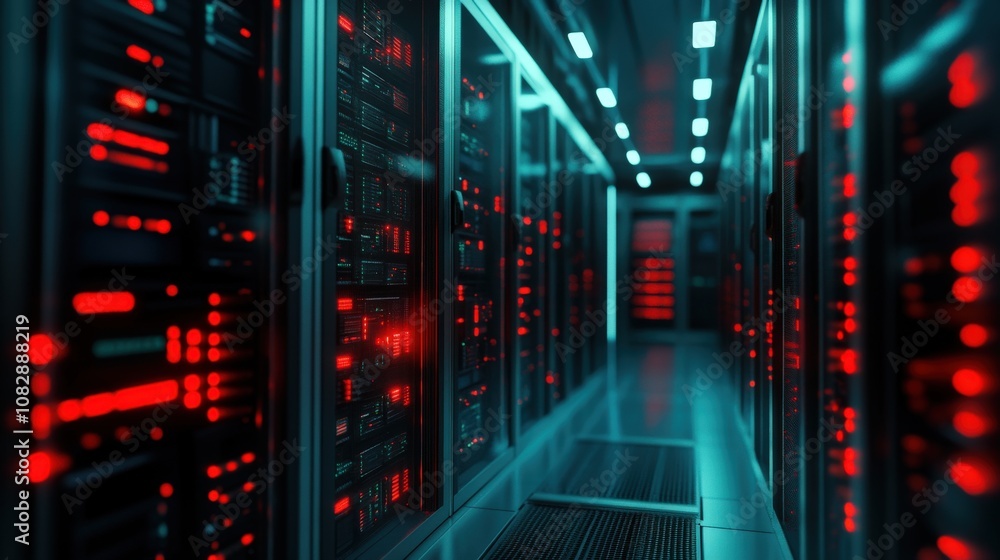 Server Room with Red and Blue Lights, Showing Data Storage Systems Server Room with Red and Blue Lights, Showing Data Storage Systems