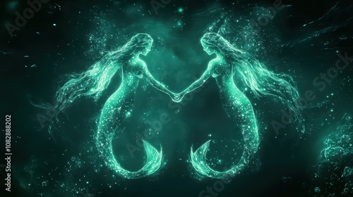 Twin Mermaids Forming the Pisces Symbol: A Digital Aquatic Cosmos with Phosphorescent Plankton and Underwater Constellations in Deep Aquamarine Tones. High-Resolution Design.