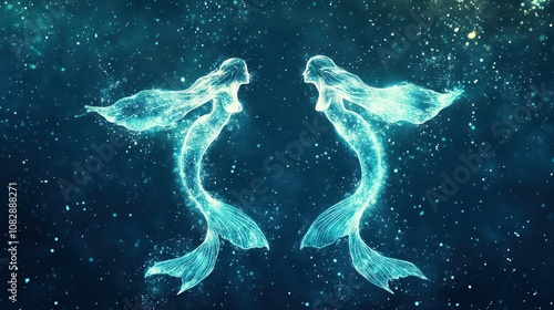 Twin Mermaids Forming the Pisces Symbol: A Digital Aquatic Cosmos with Phosphorescent Plankton and Underwater Constellations in Deep Aquamarine Tones. High-Resolution Design.