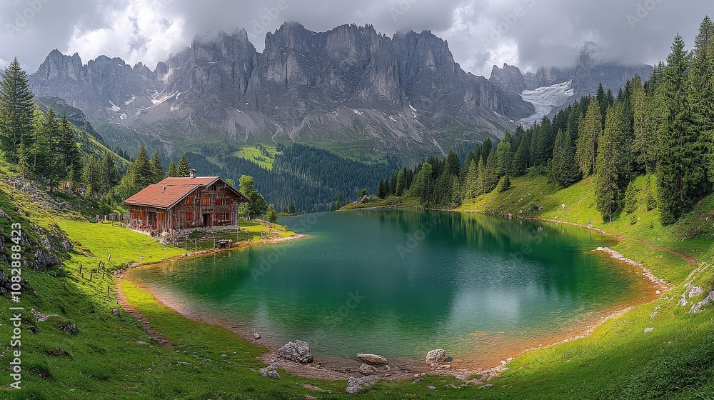 A serene mountain landscape featuring a cabin by a tranquil lake surrounded by lush greenery. A serene mountain landscape featuring a cabin by a tranquil lake surrounded by lush greenery.