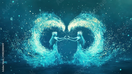 Twin Mermaids Forming the Pisces Symbol: A Digital Aquatic Cosmos with Phosphorescent Plankton and Underwater Constellations in Deep Aquamarine Tones. High-Resolution Design.