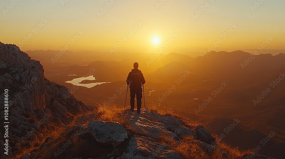 Fototapeta premium Hiker on a Mountain Top at Sunset