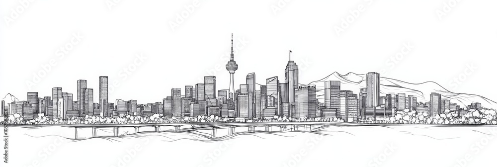 Elegant single-line drawing of Seoul's cityscape, featuring iconic landmarks, modern architecture, and tranquil mountains. Captures city's beauty, modernity, and serenity. Elegant single-line drawing of Seoul's cityscape, featuring iconic landmarks, modern architecture, and tranquil mountains. Captures city's beauty, modernity, and serenity.