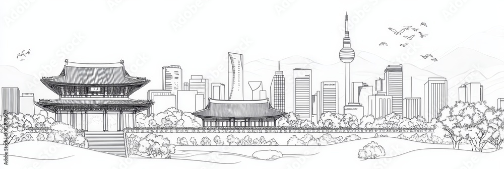 Seoul cityscape blend of ancient Korean architecture and modern skyscrapers, birds, nature, serenity. Seoul cityscape blend of ancient Korean architecture and modern skyscrapers, birds, nature, serenity.