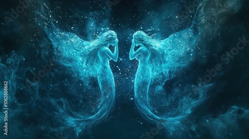 Twin Mermaids Forming the Pisces Symbol: A Digital Aquatic Cosmos with Phosphorescent Plankton and Underwater Constellations in Deep Aquamarine Tones. High-Resolution Design.