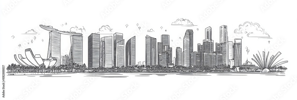 Fototapeta premium Singapore city skyline, single line drawing, modern architecture, iconic landmarks, travel.