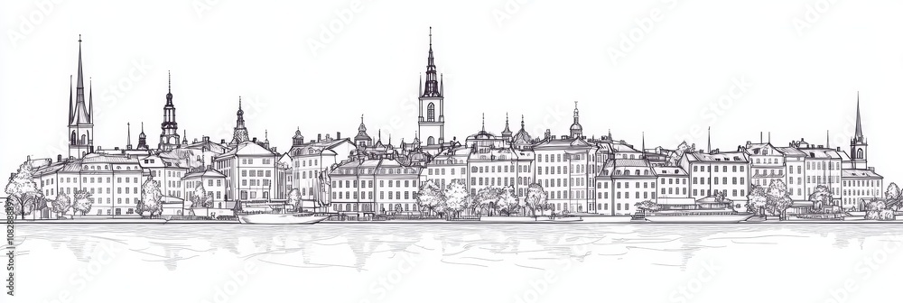 Elegant single line drawing of Stockholm cityscape, showcasing architecture, water, and urban beauty. Represents history, travel, Sweden, art, and design. Elegant single line drawing of Stockholm cityscape, showcasing architecture, water, and urban beauty. Represents history, travel, Sweden, art, and design.
