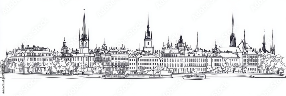 Fototapeta premium Elegant single-line drawing of Stockholm's cityscape, showcasing architecture, water, trees, and historical charm. Perfect for travel, tourism, and city design.