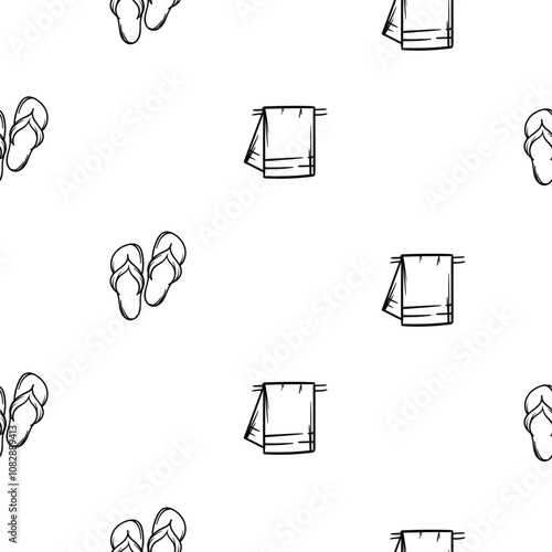 Simple vector black and white seamless pattern with towel and flip flops. Design for a sanatorium, resort. Hand drawn background for wrapping paper, decoration, print