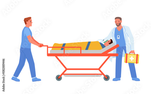 First aid to ill patient by ambulance paramedic team, accident rescue. Medical staff carrying stretcher with man in oxygen mask, doctor holding box with cross sign cartoon vector illustration