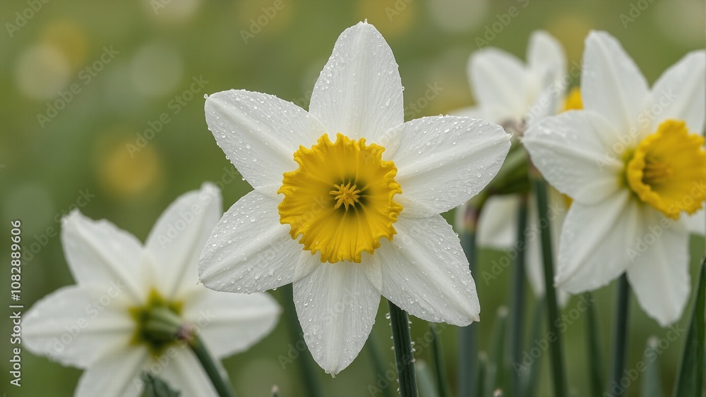 Obraz premium Delicate white narcissus flower with yellow corona dew covered petals and soft green background