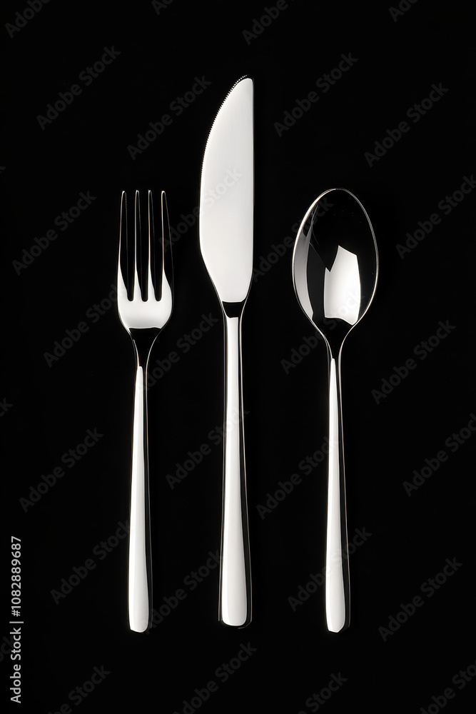 Elegant Stainless Steel Cutlery Set with Fork, Knife, and Spoon on Black Background Elegant Stainless Steel Cutlery Set with Fork, Knife, and Spoon on Black Background