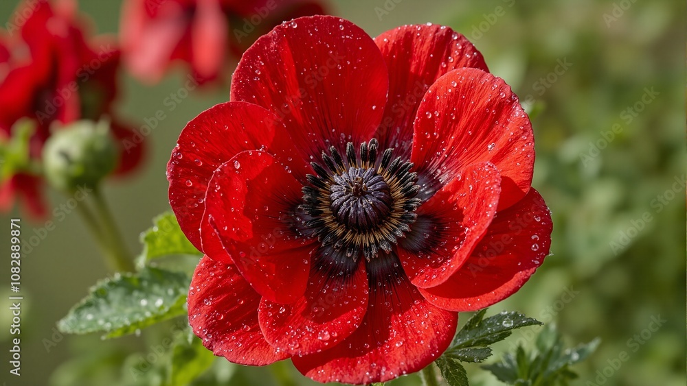 Vibrant red anemone with velvety petals dark stamens and dewdrops set in a lush garden backdrop Vibrant red anemone with velvety petals dark stamens and dewdrops set in a lush garden backdrop