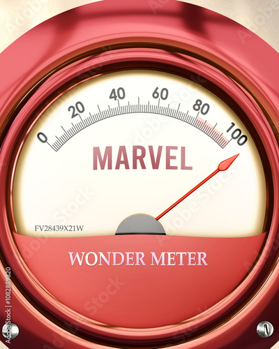 Marvel and Wonder Meter that is hitting a full scale, showing a very high level of marvel, overload of it, too much of it. Maximum value, off the charts.  ,3d illustration photo