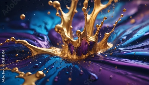 abstract background with liquid splash in gold, purple and dark blue colors