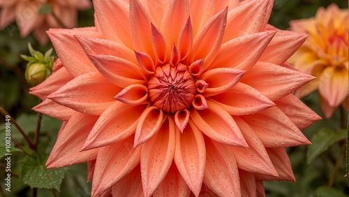 Vibrant coral dahlia with dew drops starburst petals in rich hues photo