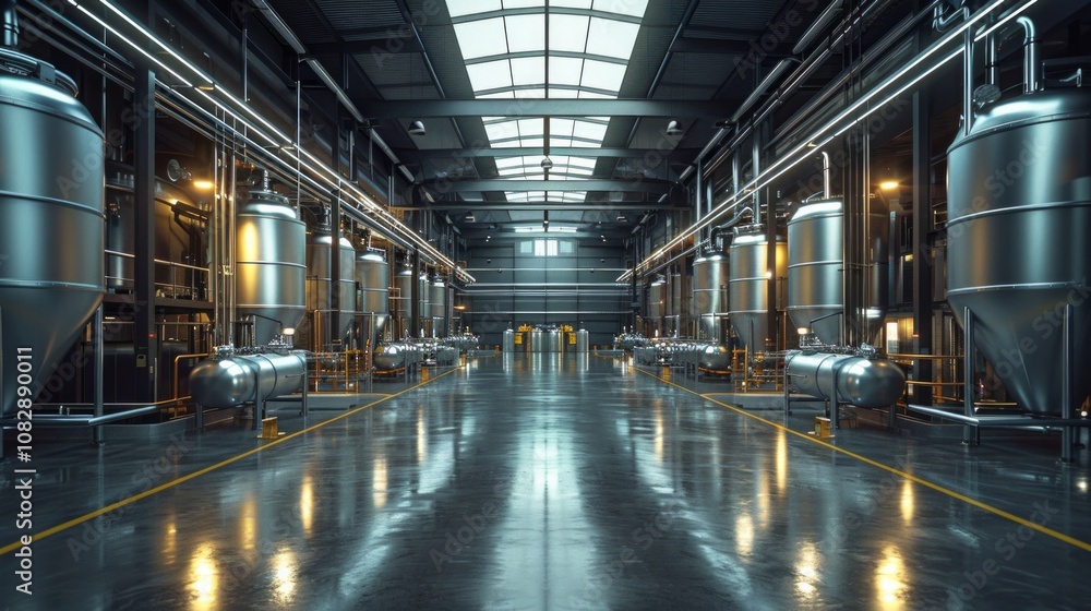 Fototapeta premium Modern industrial facility featuring stainless steel tanks and reflective floors in a spacious warehouse during daylight