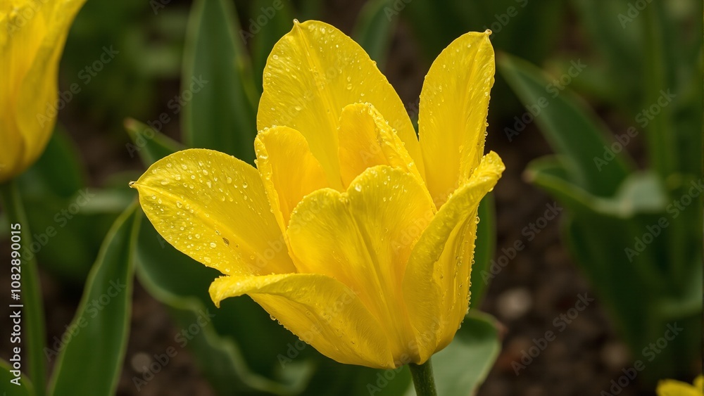 Vibrant yellow tulip with dewdrops on petals against blurred green background Vibrant yellow tulip with dewdrops on petals against blurred green background
