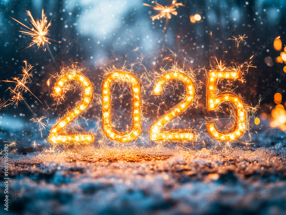 Happy New Year 2025. Greetings with sparklers in a snowy twilight. Happy New Year 2025. Greetings with sparklers in a snowy twilight.
