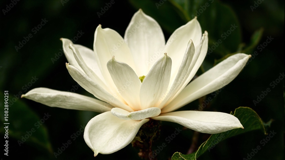 Magnolia blossom with creamy petals and yellow center on green background Magnolia blossom with creamy petals and yellow center on green background