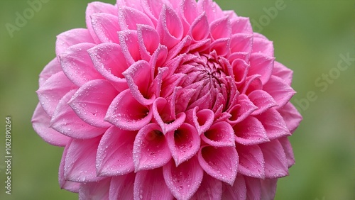 Detailed close up of a pink dahlia with dew on petals set against a soft green backdrop photo