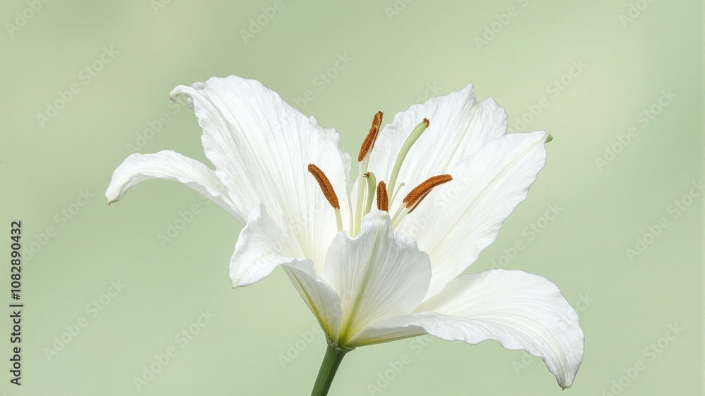 Obraz premium Graceful white lily with vibrant orange stamen on soft green background