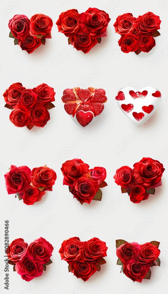 of Valentine's Day heart shapes crafted from vibrant red roses, adorned with decorative elements of Valentine's Day heart shapes crafted from vibrant red roses, adorned with decorative elements