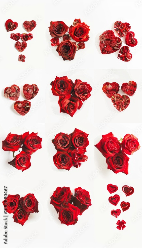 of Valentine's Day heart shapes crafted from vibrant red roses, adorned with decorative elements of Valentine's Day heart shapes crafted from vibrant red roses, adorned with decorative elements