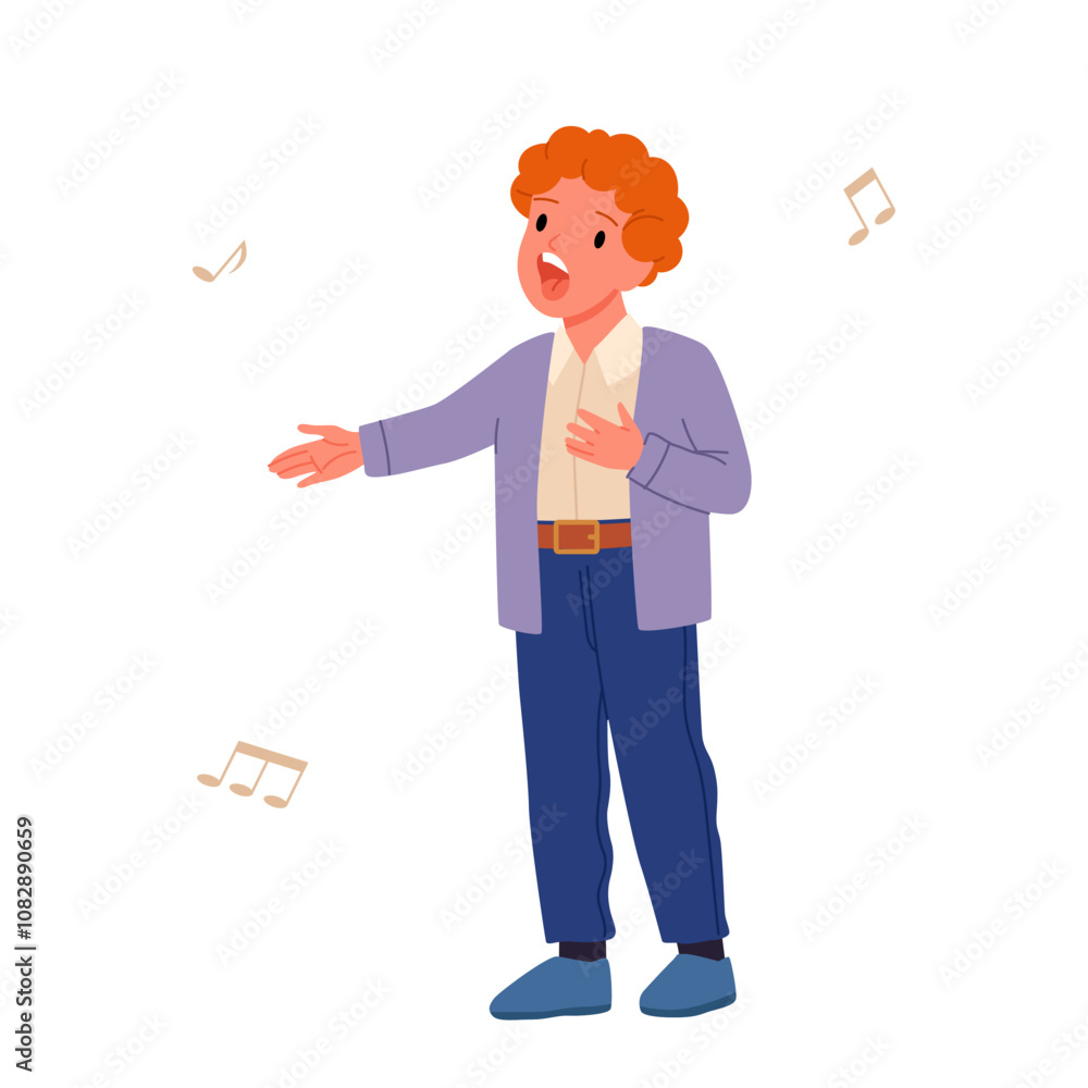 Boy singing song. Cute little singer with red hair standing on stage to sing to music and notes, practice vocal lesson, happy preschool or elementary school child artist cartoon vector illustration Boy singing song. Cute little singer with red hair standing on stage to sing to music and notes, practice vocal lesson, happy preschool or elementary school child artist cartoon vector illustration