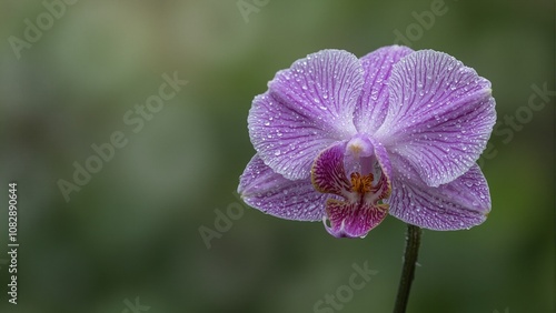 Vibrant violet orchid bloom with dew drops and radiant core on soft green background