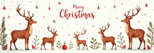 A group of reindeer stands festive, adorned with holiday decorations and a cheerful Christmas greeting