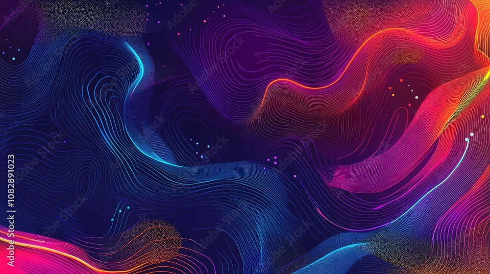 Abstract illustration featuring a vibrant dark gradient background with colorful neon light accents in a line art style Abstract illustration featuring a vibrant dark gradient background with colorful neon light accents in a line art style