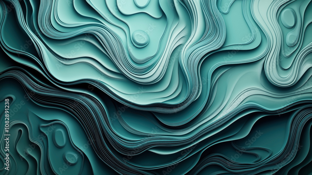 Obraz premium Abstract teal layered paper art with smooth and wavy textures resembling a topographical map
