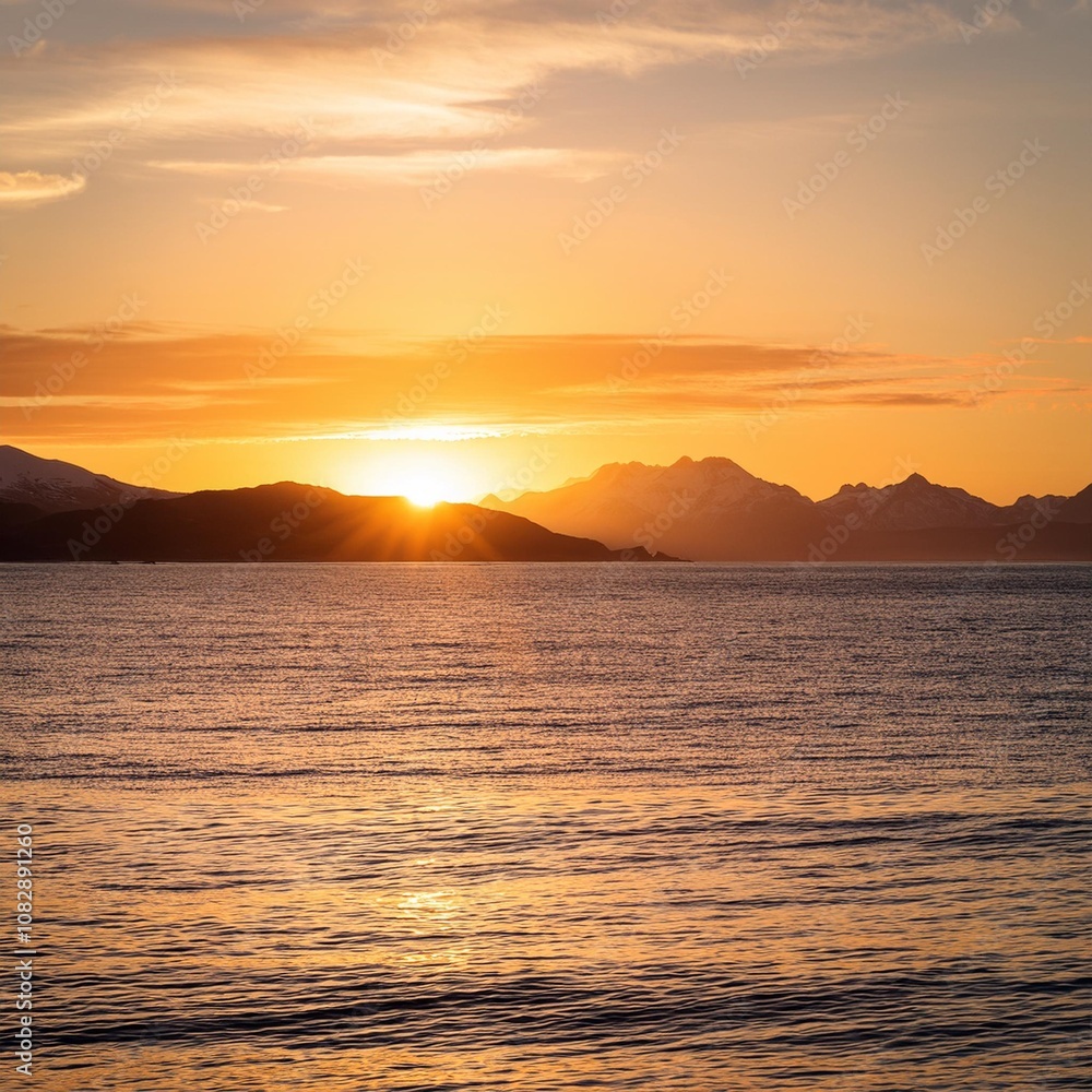 Golden Sunset Reflecting Over Calm Ocean Waters, Captured Against the Silhouette of Distant Mountains and Snow-Capped Peaks for a Serene Coastal Landscape Scene Golden Sunset Reflecting Over Calm Ocean Waters, Captured Against the Silhouette of Distant Mountains and Snow-Capped Peaks for a Serene Coastal Landscape Scene
