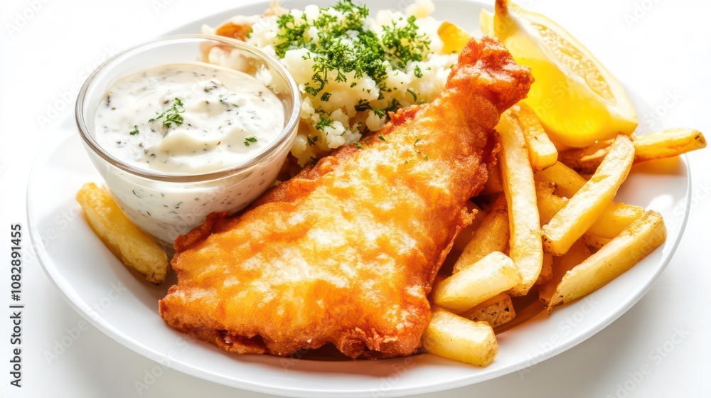A plate of fish and chips with a side of mashed potatoes and tartar sauce. A plate of fish and chips with a side of mashed potatoes and tartar sauce.