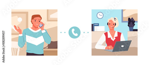 Operator of customer support service and man talk on phone, helpdesk communication. Female manager with headphone and laptop consulting client with complaint online cartoon