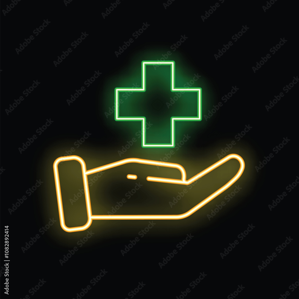 Neon glowing hand holding green cross sign representing health care and medicine on a black background