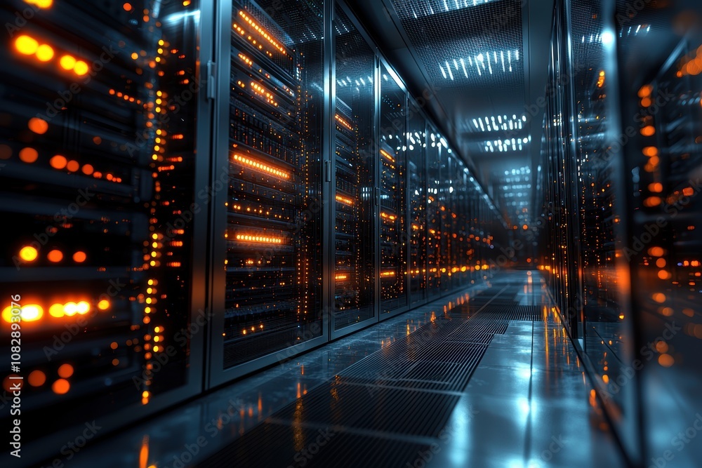 Modern Data Center Corridor with Active Server Racks and Flashing Lights for Technology and Networking Modern Data Center Corridor with Active Server Racks and Flashing Lights for Technology and Networking