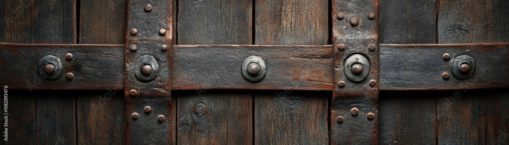 Fototapeta premium A close-up of an ancient wooden door adorned with metal straps and rivets, showcasing rustic charm