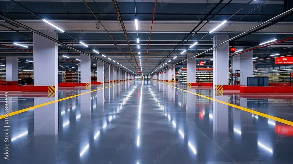 The supermarket's interior parking lot is empty. The supermarket's interior parking lot is empty.