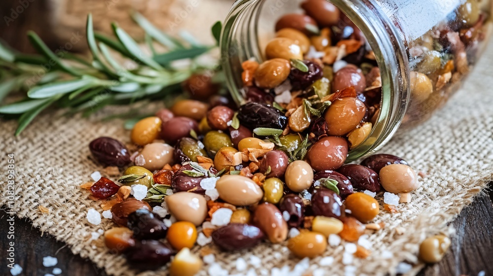 Mixed olives spilling out of a glass jar onto a burlap cloth, surrounded by herbs and coarse sea salt Mixed olives spilling out of a glass jar onto a burlap cloth, surrounded by herbs and coarse sea salt